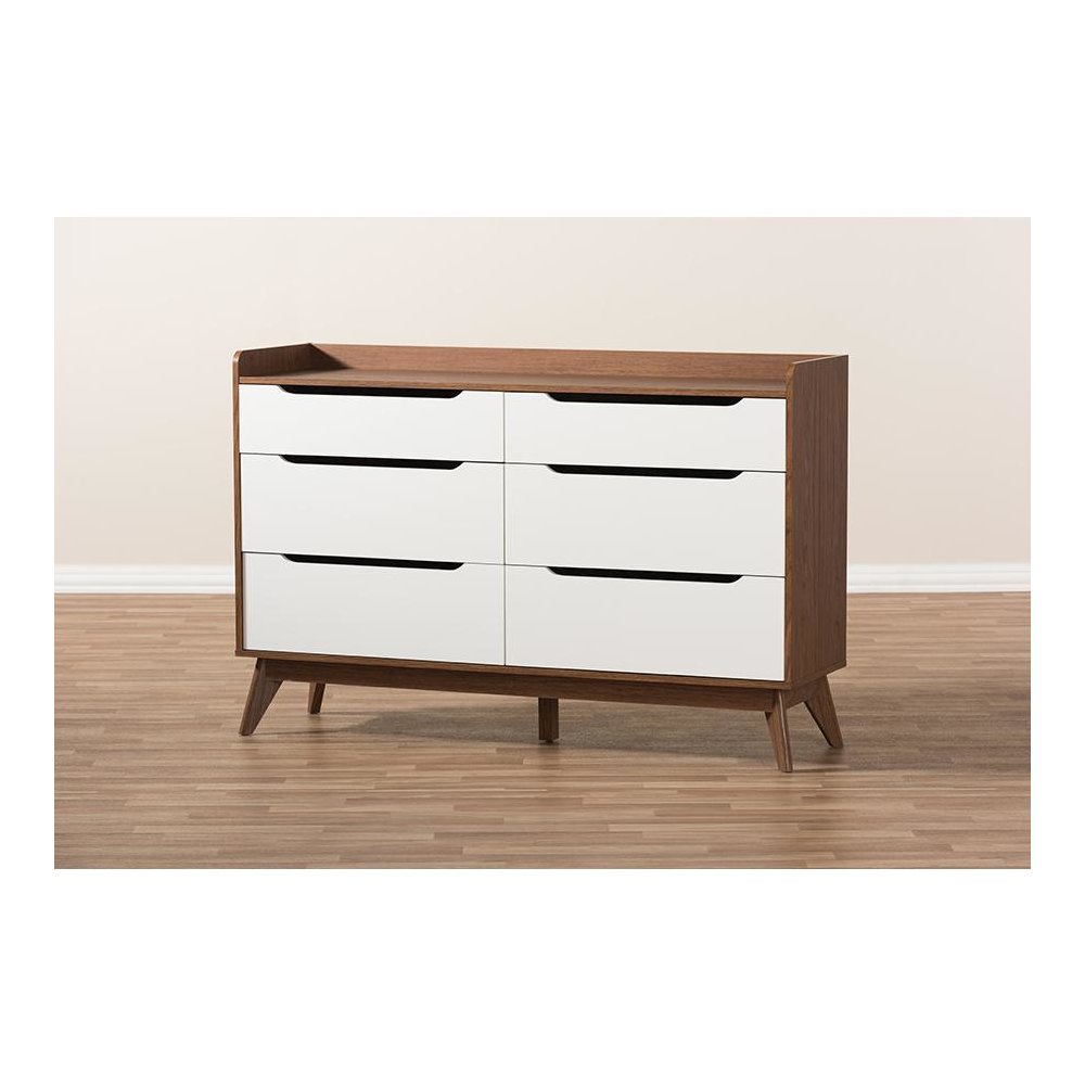 Brighton Mid-Century Modern White and Walnut Wood 6-Drawer Storage Dresser