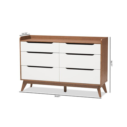 Brighton Mid-Century Modern White and Walnut Wood 6-Drawer Storage Dresser