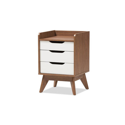 Brighton Mid-Century Modern White and Walnut Wood 3-Drawer Storage Nightstand