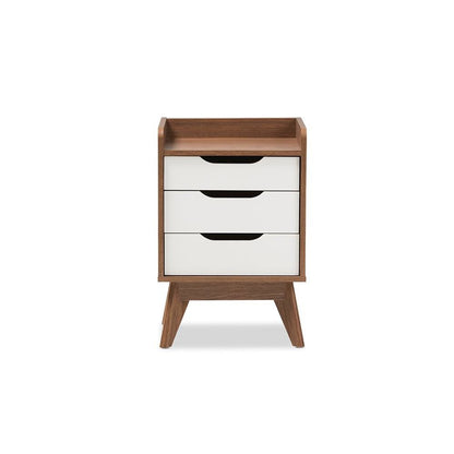 Brighton Mid-Century Modern White and Walnut Wood 3-Drawer Storage Nightstand