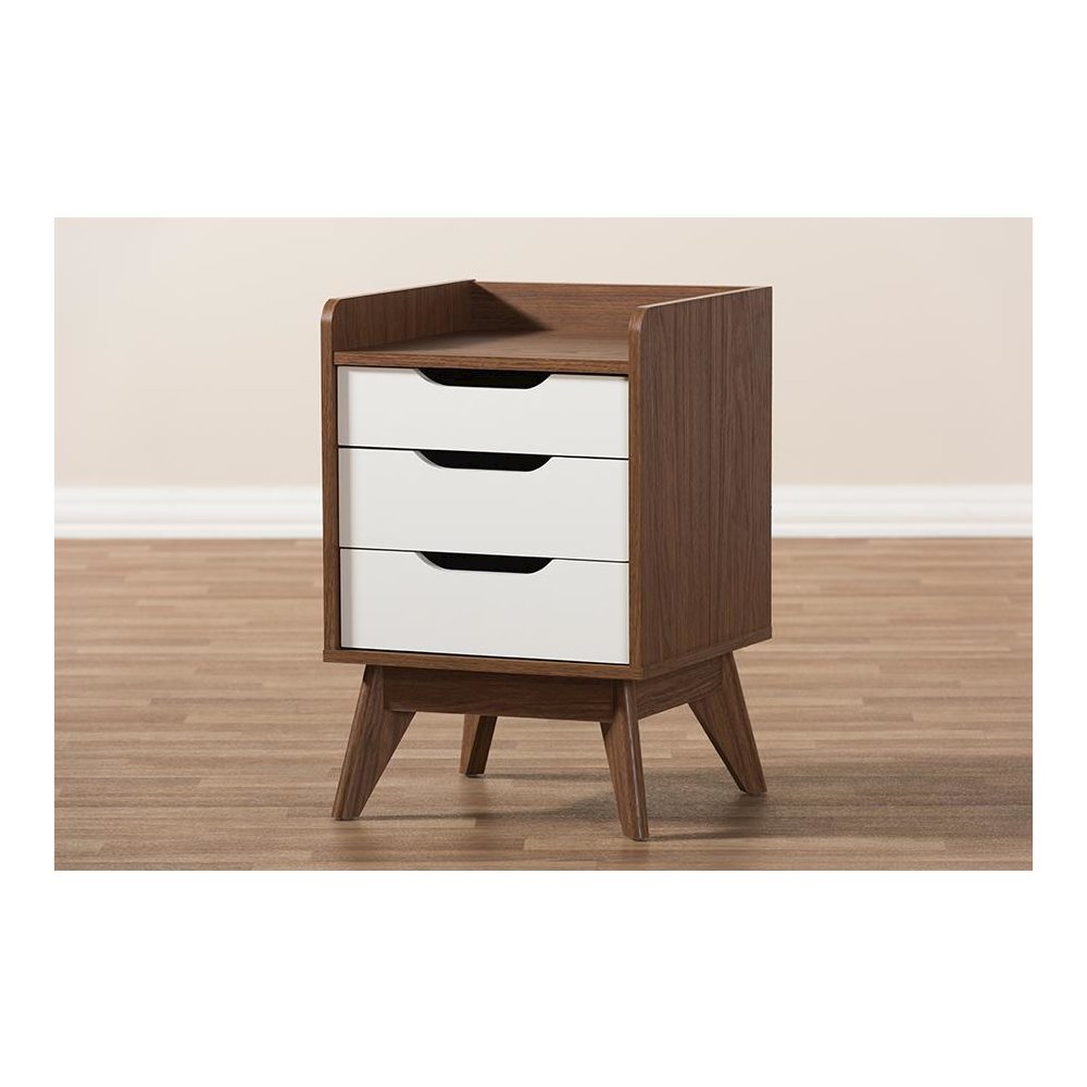 Brighton Mid-Century Modern White and Walnut Wood 3-Drawer Storage Nightstand