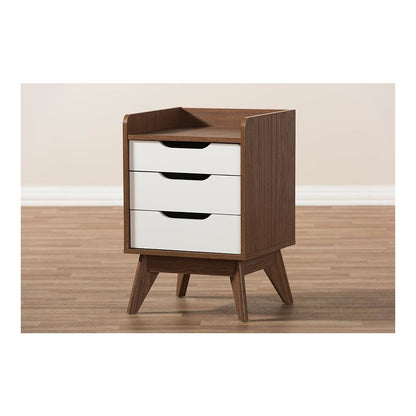 Brighton Mid-Century Modern White and Walnut Wood 3-Drawer Storage Nightstand