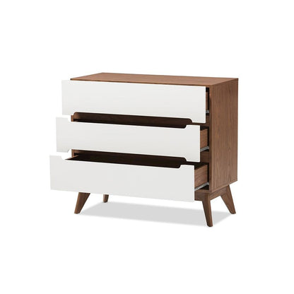 Calypso Mid-Century Modern White and Walnut Wood 3-Drawer Storage Chest