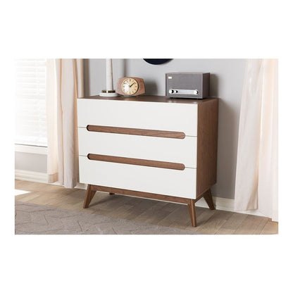 Calypso Mid-Century Modern White and Walnut Wood 3-Drawer Storage Chest