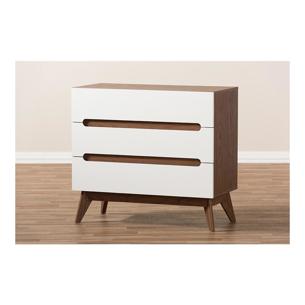 Calypso Mid-Century Modern White and Walnut Wood 3-Drawer Storage Chest