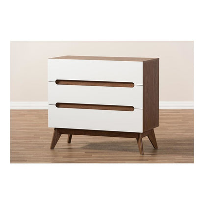 Calypso Mid-Century Modern White and Walnut Wood 3-Drawer Storage Chest