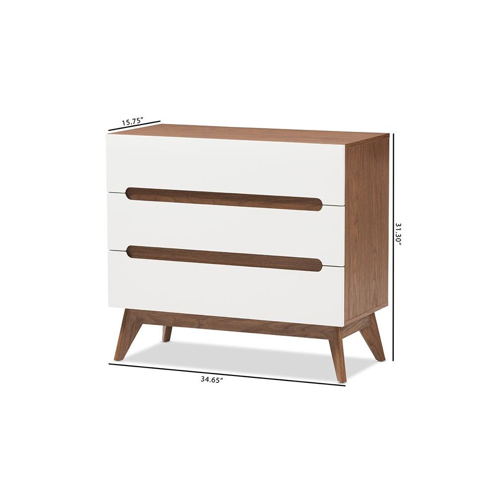 Calypso Mid-Century Modern White and Walnut Wood 3-Drawer Storage Chest
