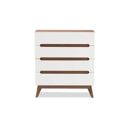 Calypso Mid-Century Modern White and Walnut Wood 4-Drawer Storage Chest