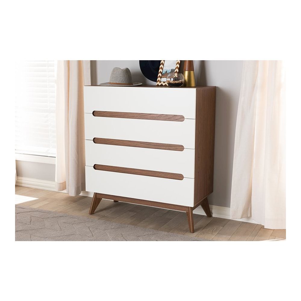 Calypso Mid-Century Modern White and Walnut Wood 4-Drawer Storage Chest