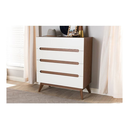 Calypso Mid-Century Modern White and Walnut Wood 4-Drawer Storage Chest