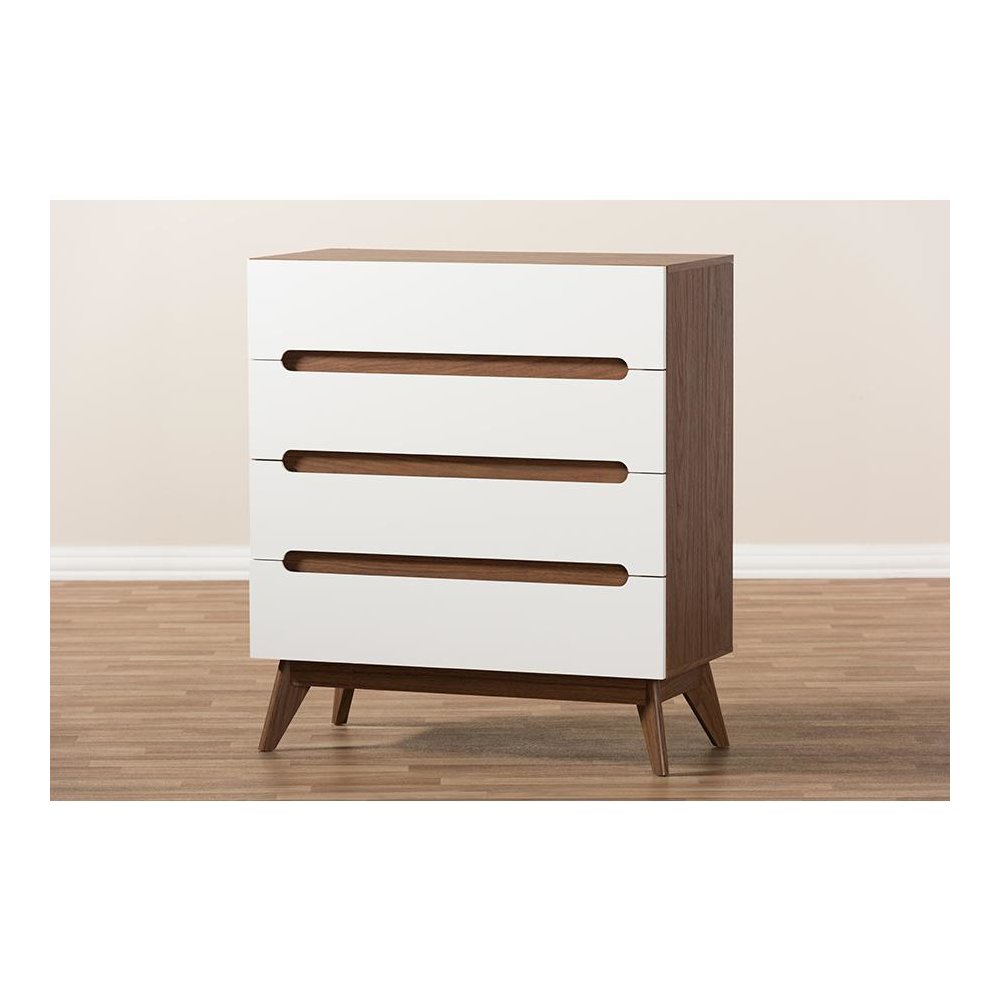 Calypso Mid-Century Modern White and Walnut Wood 4-Drawer Storage Chest
