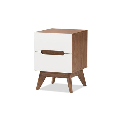 Calypso Mid-Century Modern White and Walnut Wood 3-Drawer Storage Nightstand
