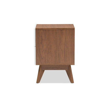 Calypso Mid-Century Modern White and Walnut Wood 3-Drawer Storage Nightstand