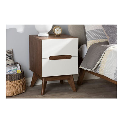 Calypso Mid-Century Modern White and Walnut Wood 3-Drawer Storage Nightstand