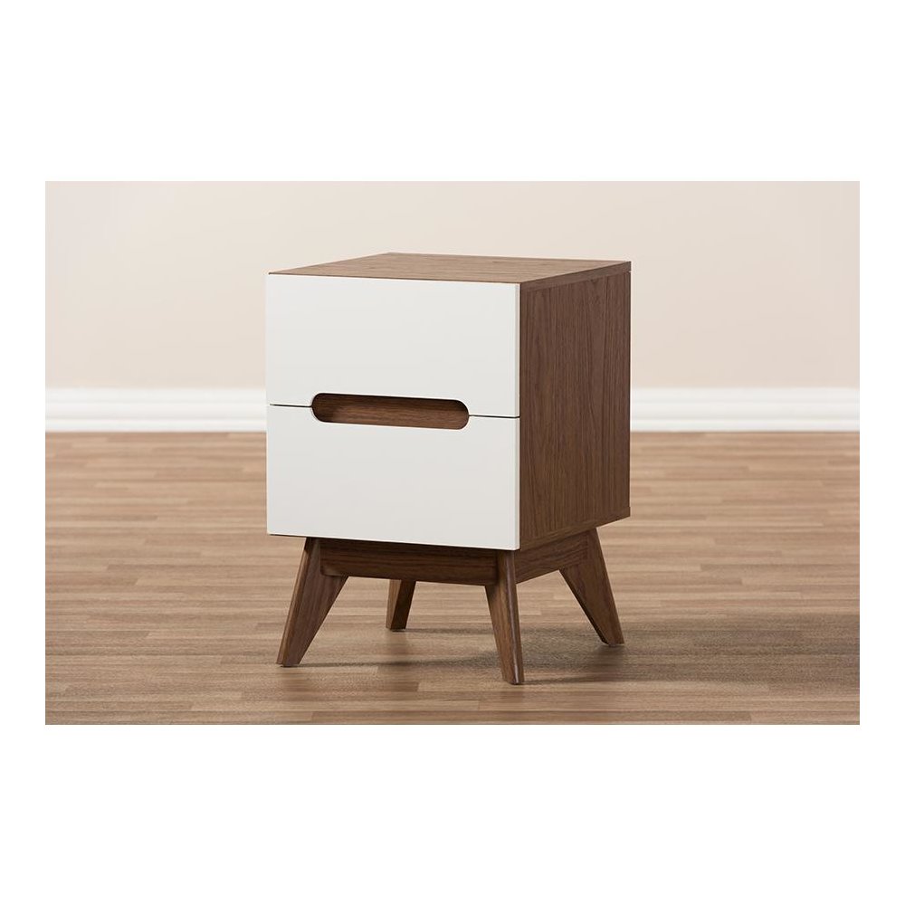 Calypso Mid-Century Modern White and Walnut Wood 3-Drawer Storage Nightstand