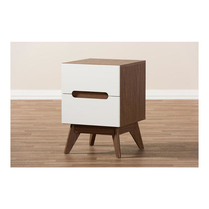 Calypso Mid-Century Modern White and Walnut Wood 3-Drawer Storage Nightstand