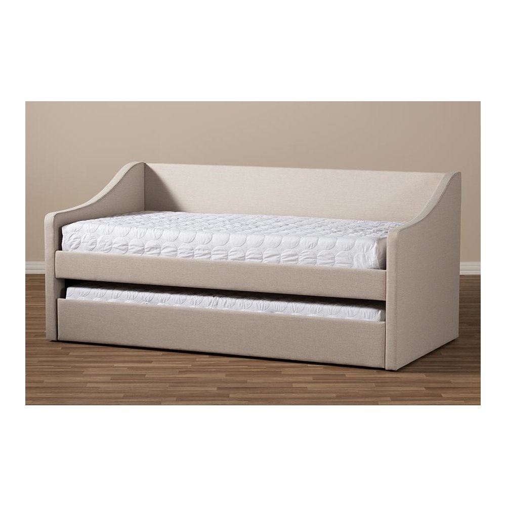 Beige Fabric Upholstered Daybed with Guest Trundle Bed