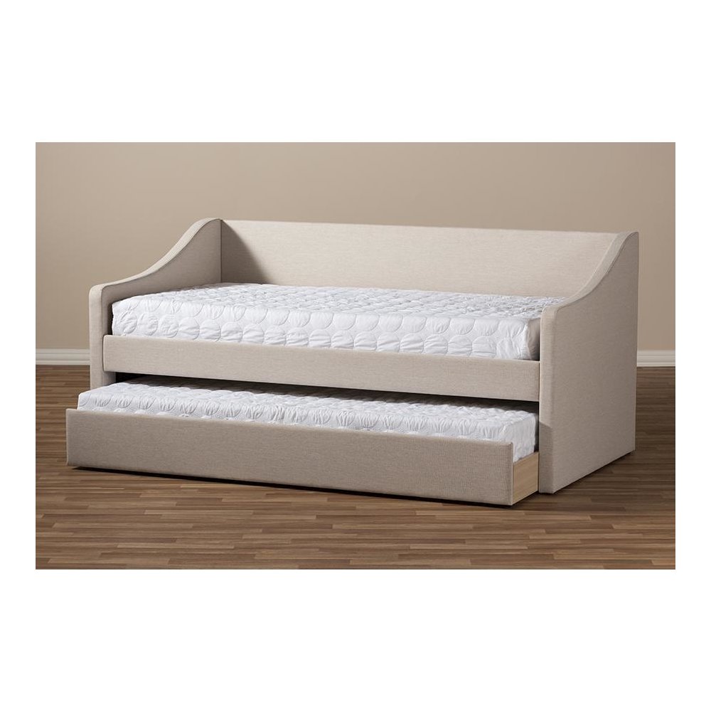 Beige Fabric Upholstered Daybed with Guest Trundle Bed