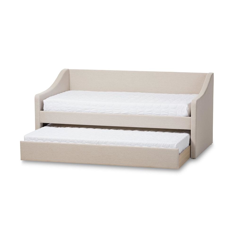 Beige Fabric Upholstered Daybed with Guest Trundle Bed