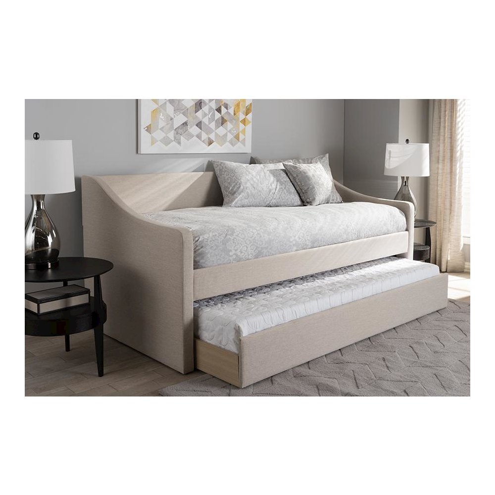 Beige Fabric Upholstered Daybed with Guest Trundle Bed
