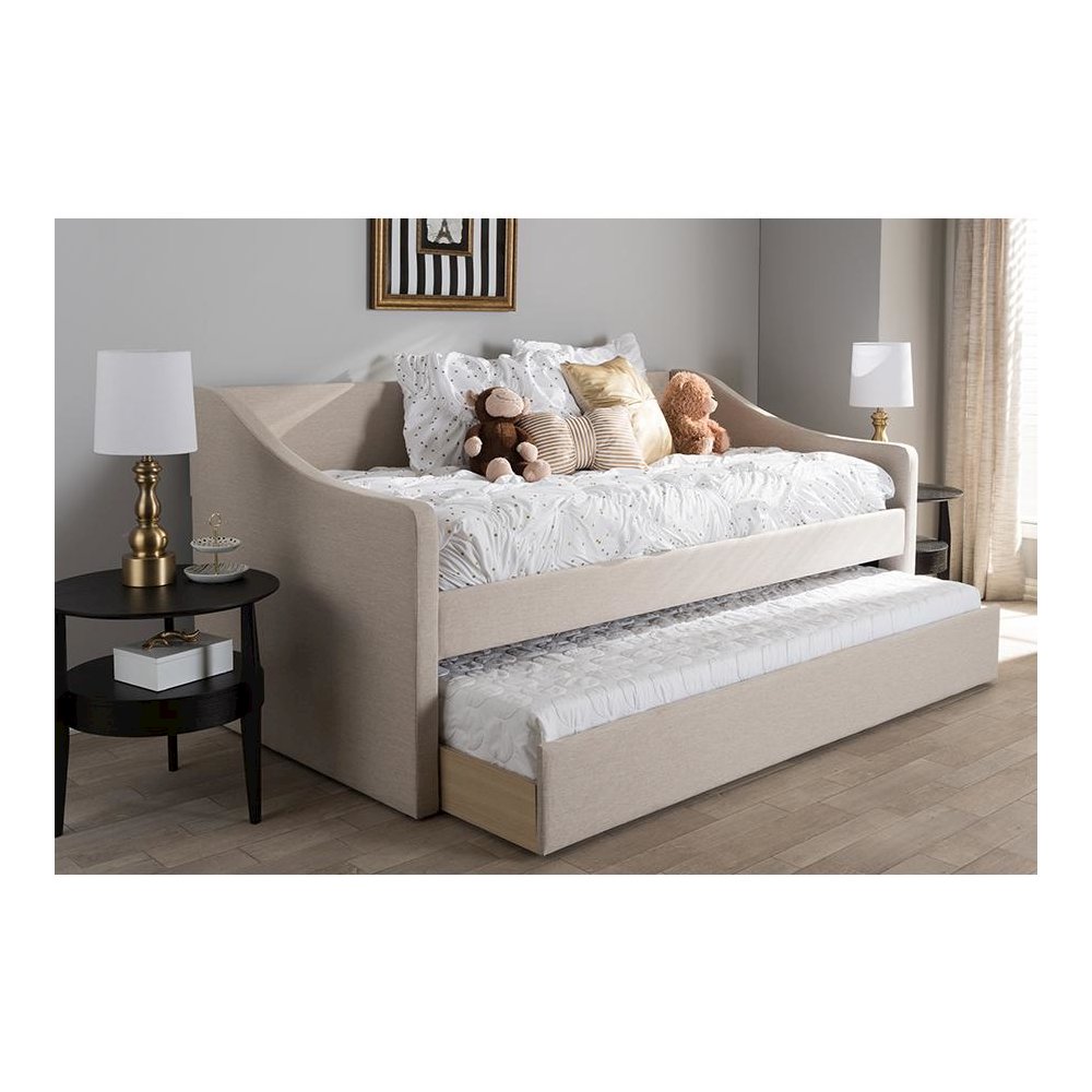Beige Fabric Upholstered Daybed with Guest Trundle Bed
