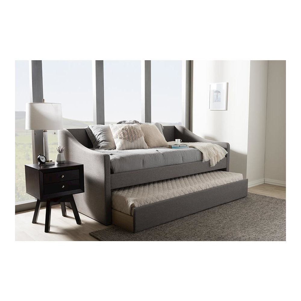 Grey Fabric Upholstered Daybed with Guest Trundle Bed