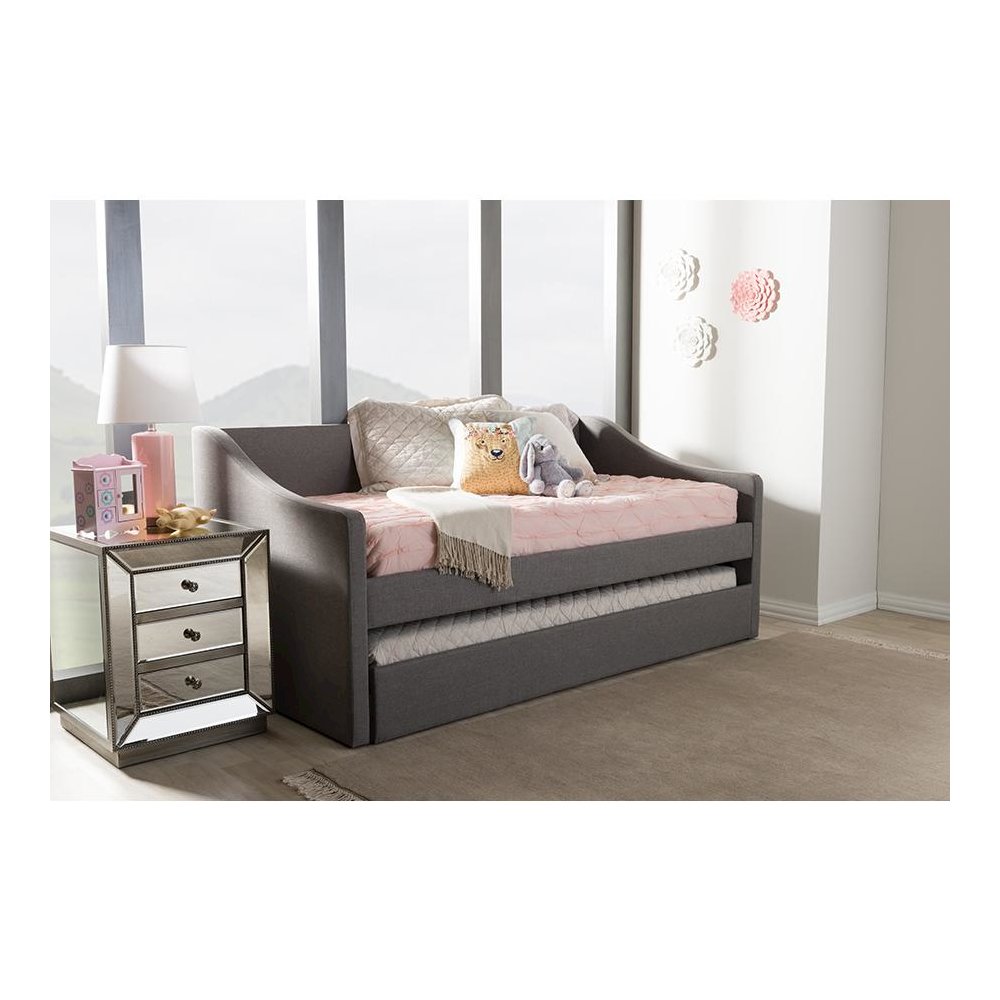 Grey Fabric Upholstered Daybed with Guest Trundle Bed