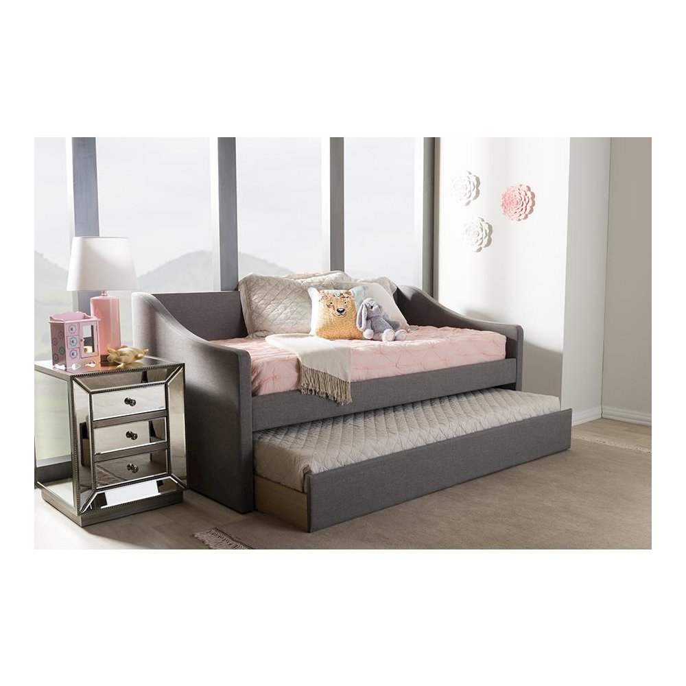 Grey Fabric Upholstered Daybed with Guest Trundle Bed