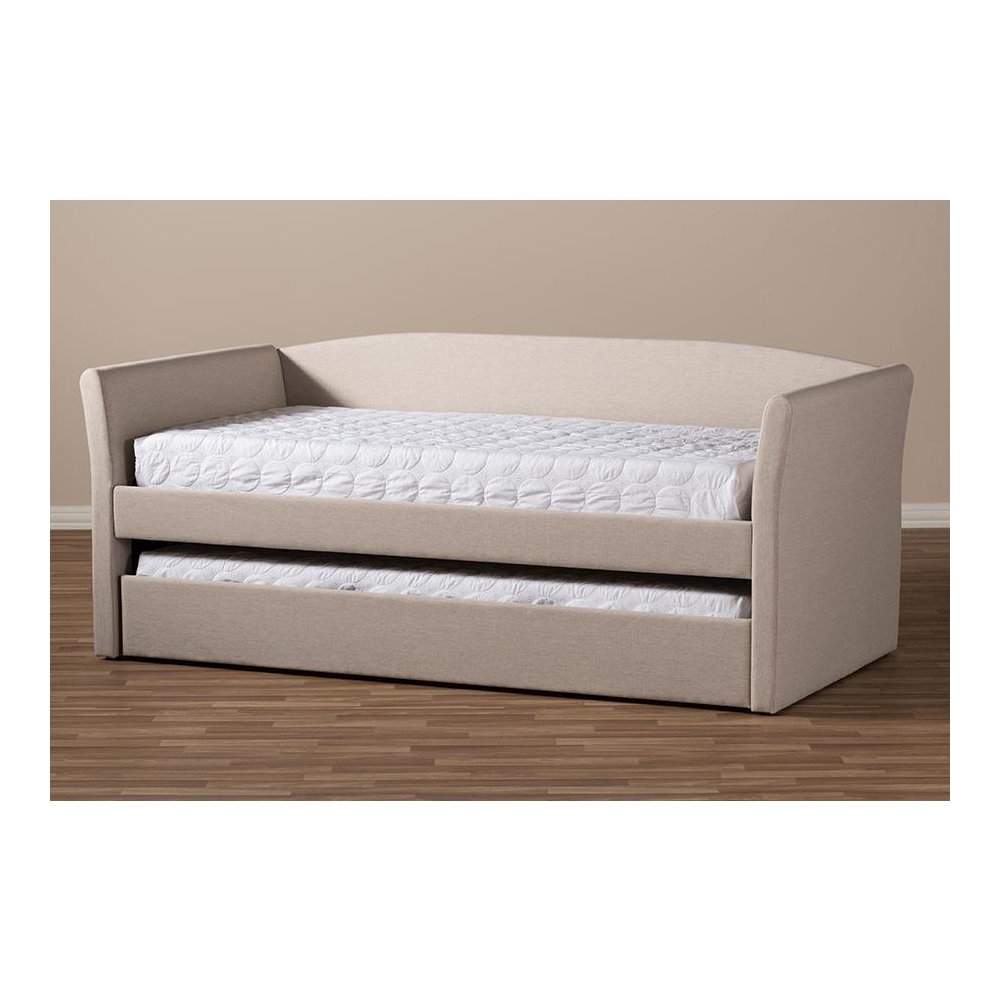 Beige Fabric Upholstered Daybed with Guest Trundle Bed
