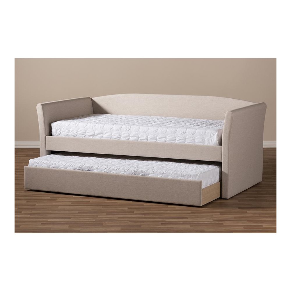 Beige Fabric Upholstered Daybed with Guest Trundle Bed