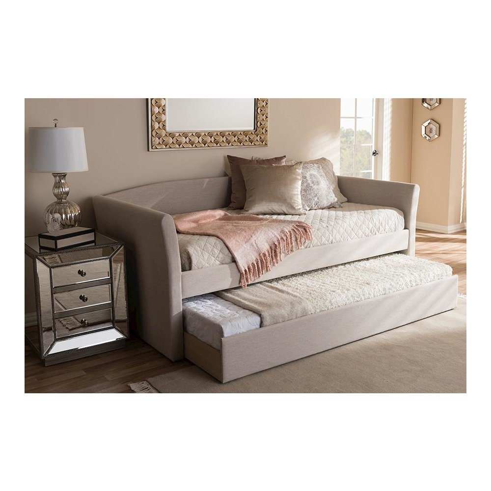 Beige Fabric Upholstered Daybed with Guest Trundle Bed