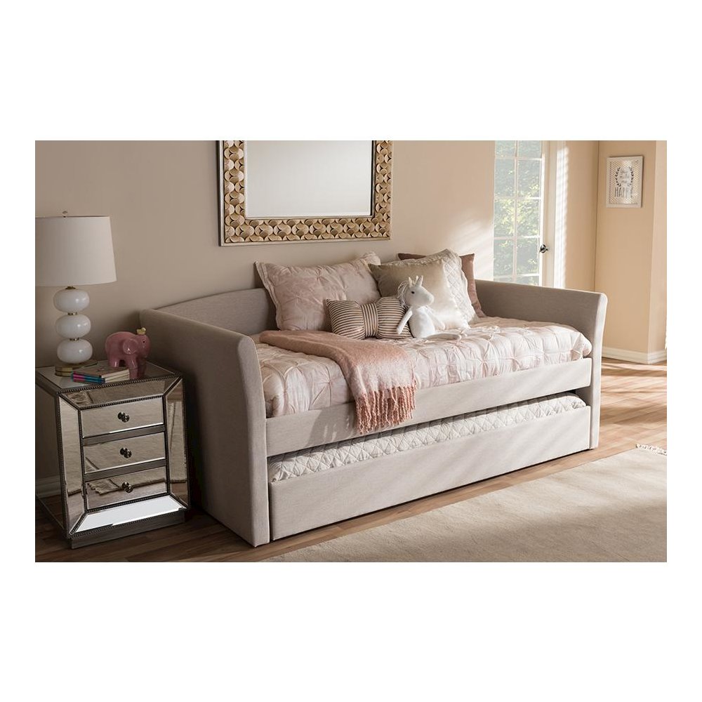 Beige Fabric Upholstered Daybed with Guest Trundle Bed