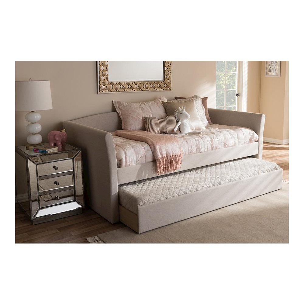 Beige Fabric Upholstered Daybed with Guest Trundle Bed