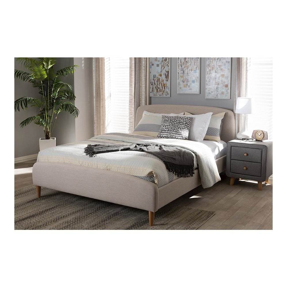 Mia Mid-Century Light Beige Fabric Upholstered Full Size Platform Bed