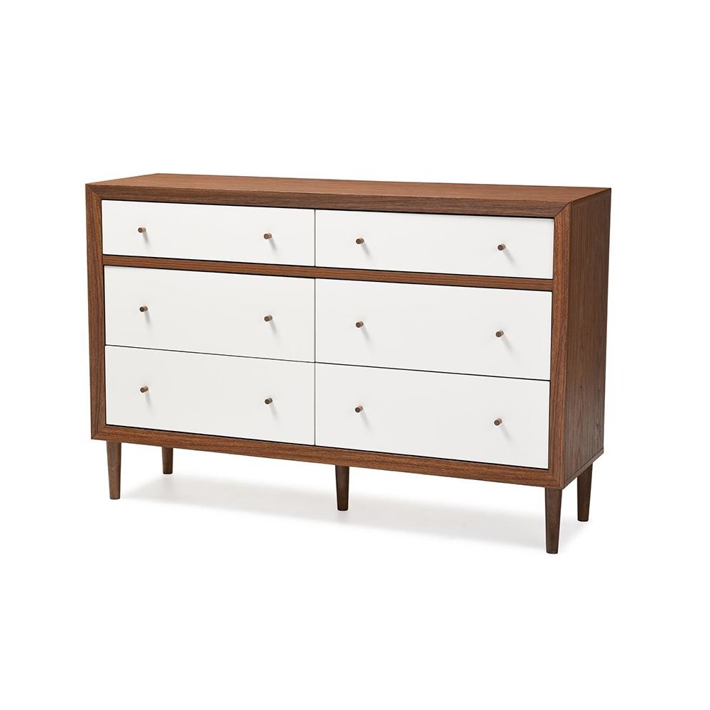 Scandinavian Style White and Walnut Wood 6-drawer Storage Dresser