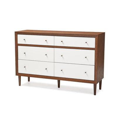 Scandinavian Style White and Walnut Wood 6-drawer Storage Dresser