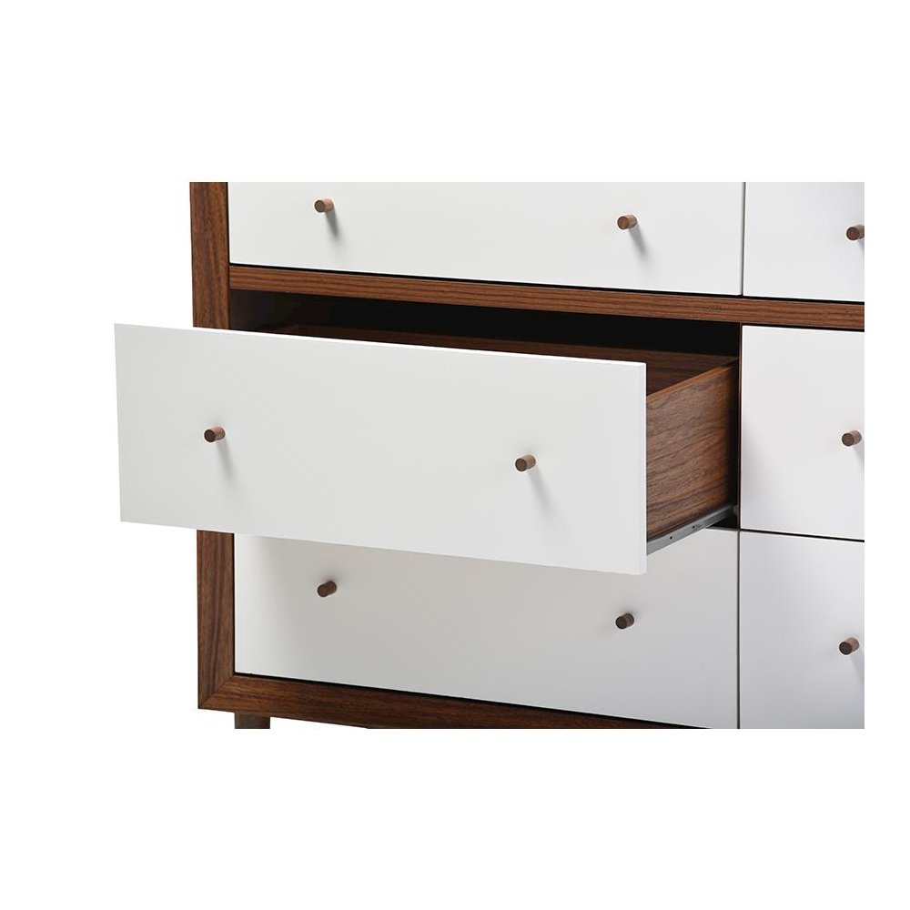 Scandinavian Style White and Walnut Wood 6-drawer Storage Dresser