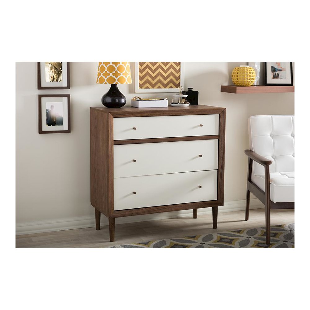 Scandinavian Style White and Walnut Wood 3-drawer Chest
