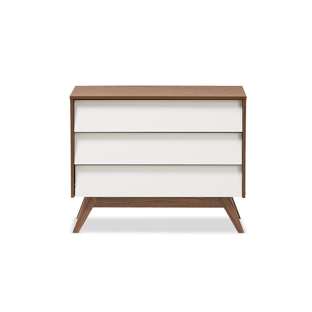 Hildon Mid-Century Modern White and Walnut Wood 3-Drawer Storage Chest