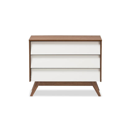 Hildon Mid-Century Modern White and Walnut Wood 3-Drawer Storage Chest