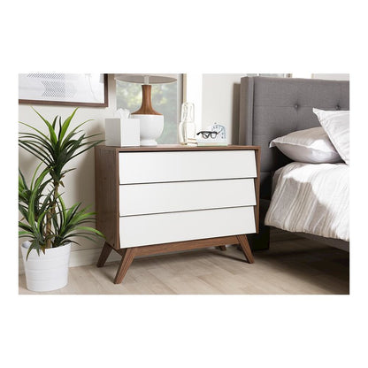 Hildon Mid-Century Modern White and Walnut Wood 3-Drawer Storage Chest