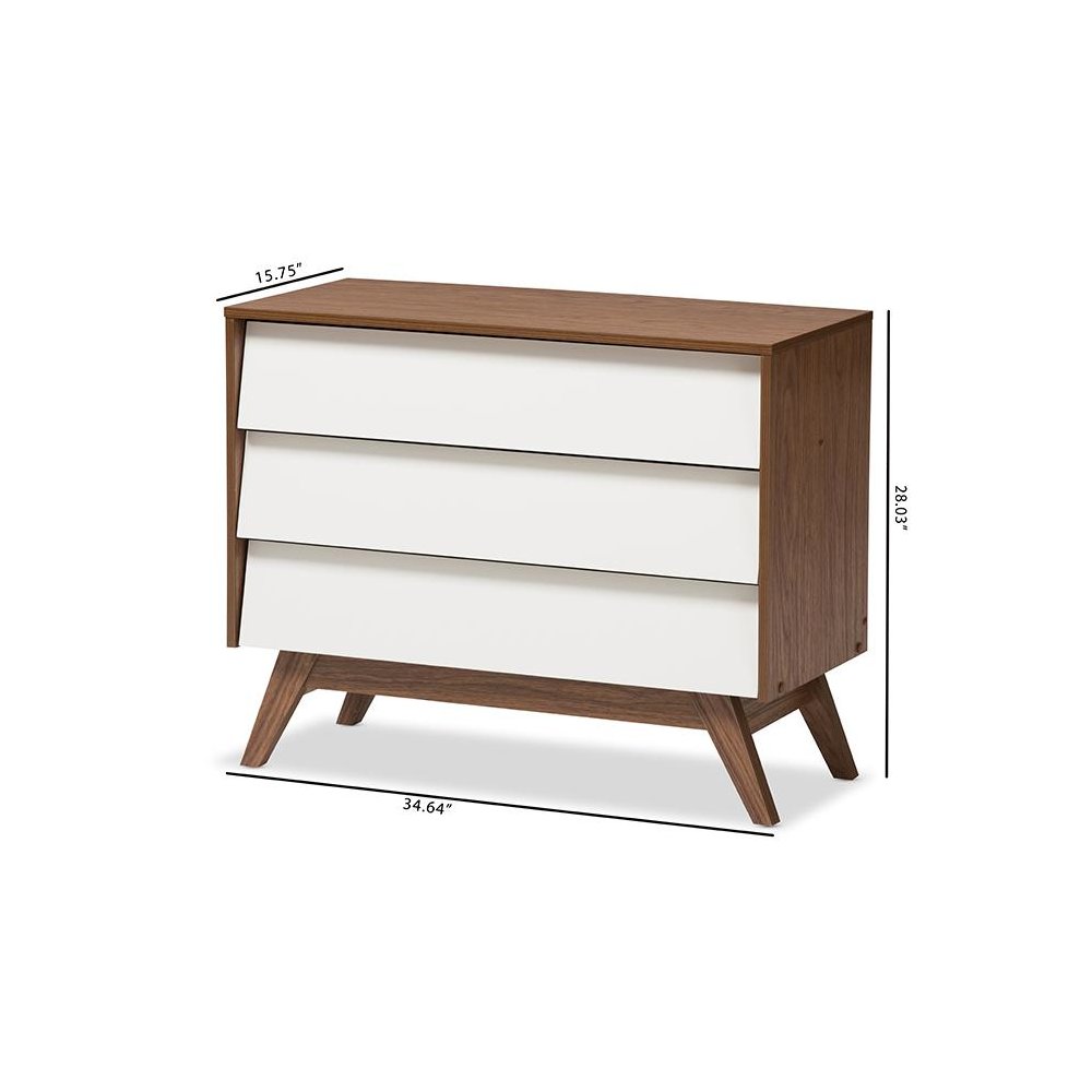 Hildon Mid-Century Modern White and Walnut Wood 3-Drawer Storage Chest