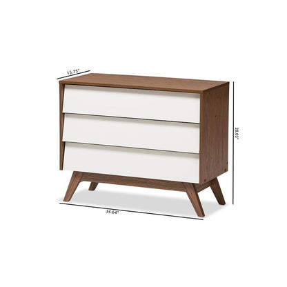 Hildon Mid-Century Modern White and Walnut Wood 3-Drawer Storage Chest