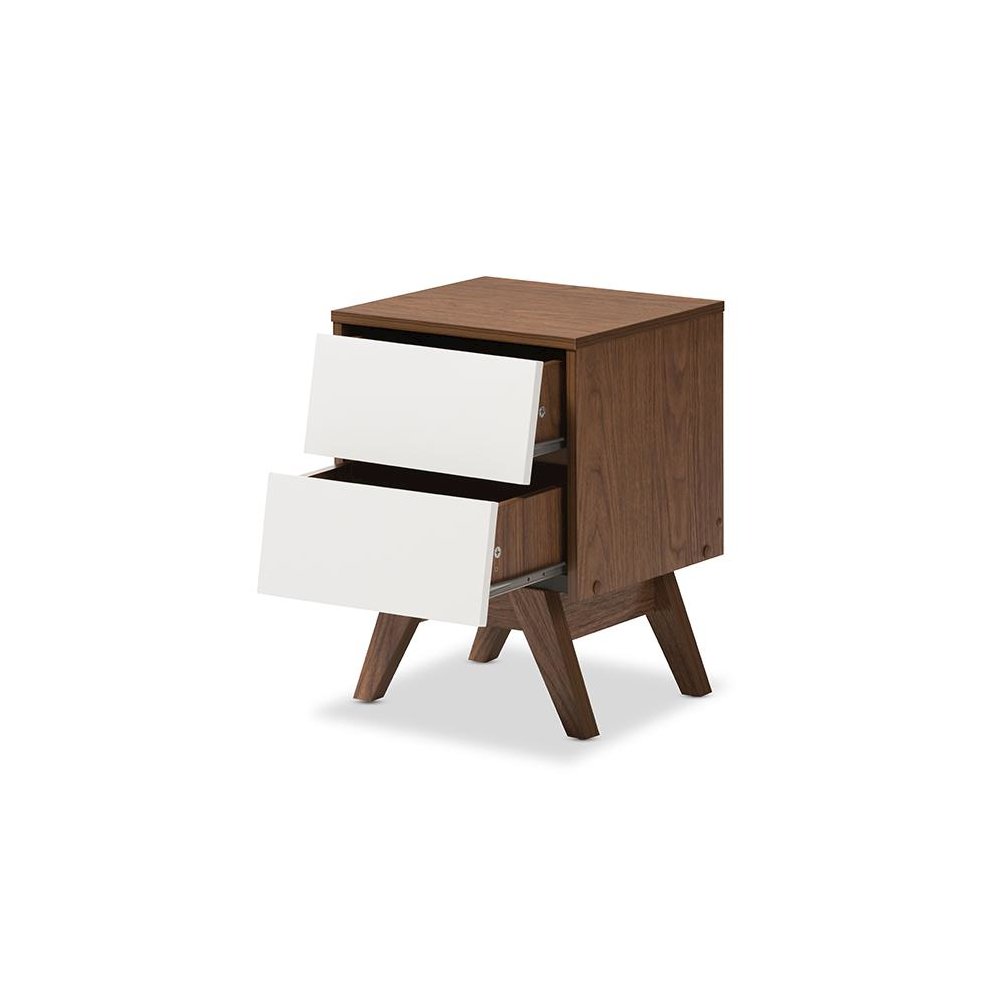 Hildon Mid-Century Modern White and Walnut Wood 2-Drawer Storage Nightstand
