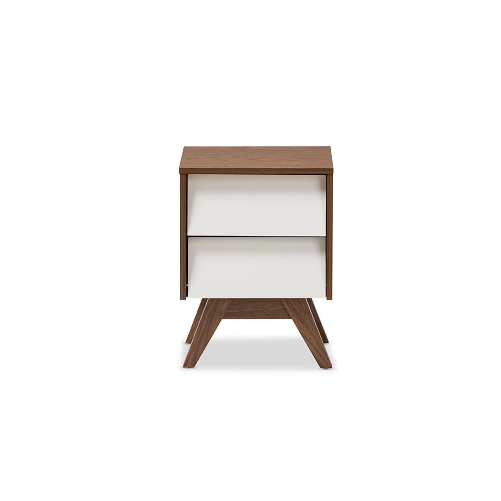 Hildon Mid-Century Modern White and Walnut Wood 2-Drawer Storage Nightstand