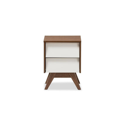 Hildon Mid-Century Modern White and Walnut Wood 2-Drawer Storage Nightstand