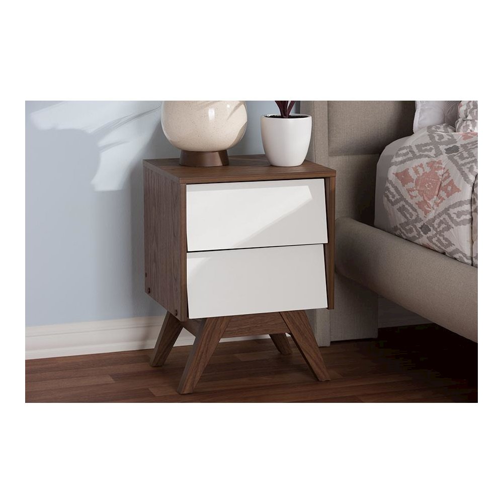 Hildon Mid-Century Modern White and Walnut Wood 2-Drawer Storage Nightstand