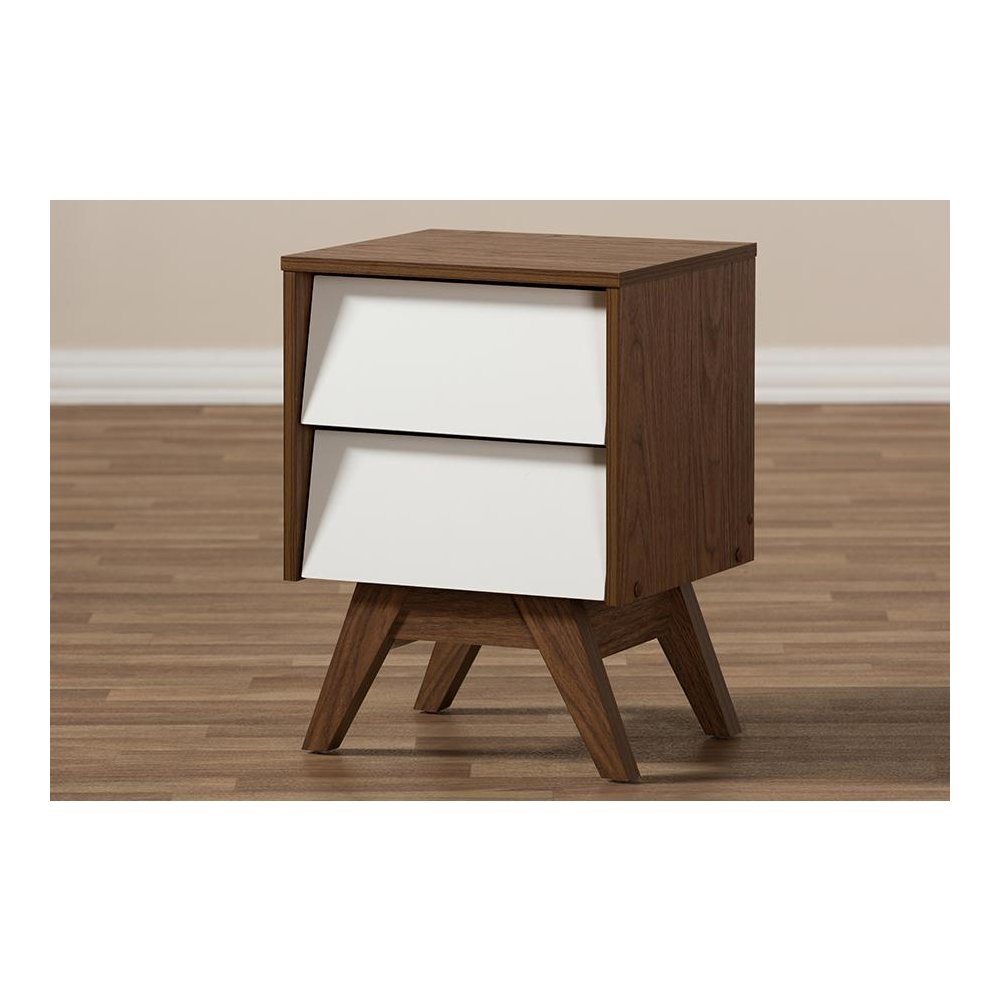 Hildon Mid-Century Modern White and Walnut Wood 2-Drawer Storage Nightstand