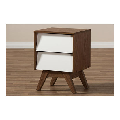 Hildon Mid-Century Modern White and Walnut Wood 2-Drawer Storage Nightstand