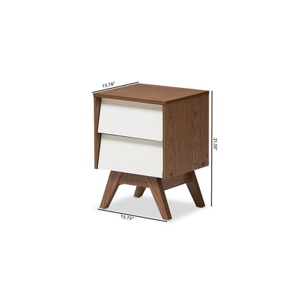 Hildon Mid-Century Modern White and Walnut Wood 2-Drawer Storage Nightstand